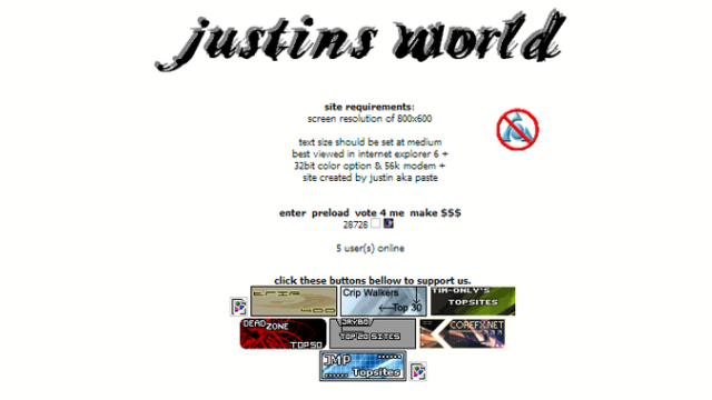 One of my first websites Justin's World entrance page.